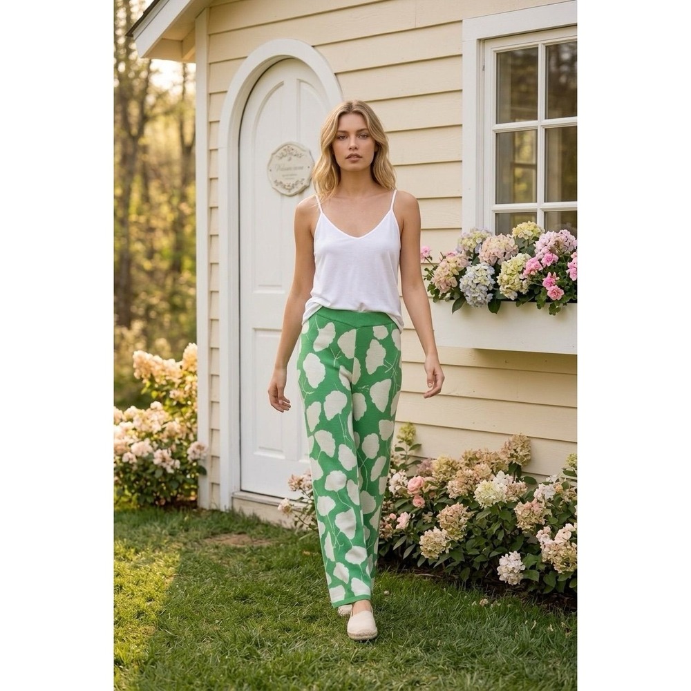 Diane Von Furstenberg for Target Green Knit Wide Leg Pants Floral Ginkgo Leaf
